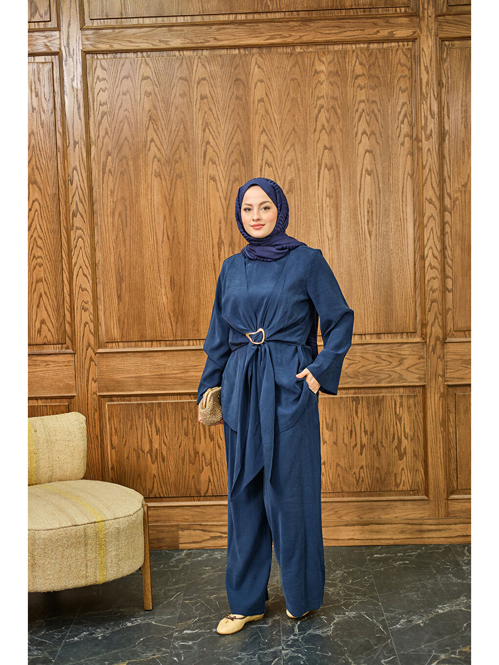 Kadın Gold Kemer Detay Takım Lacivert-4