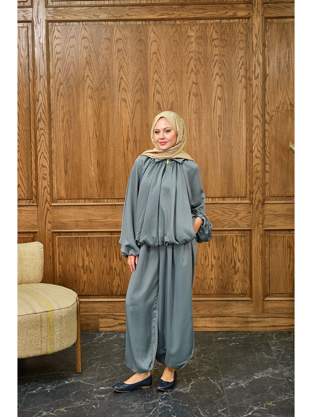 Kadın Gizli Fermuar Detay Takım Gri-1