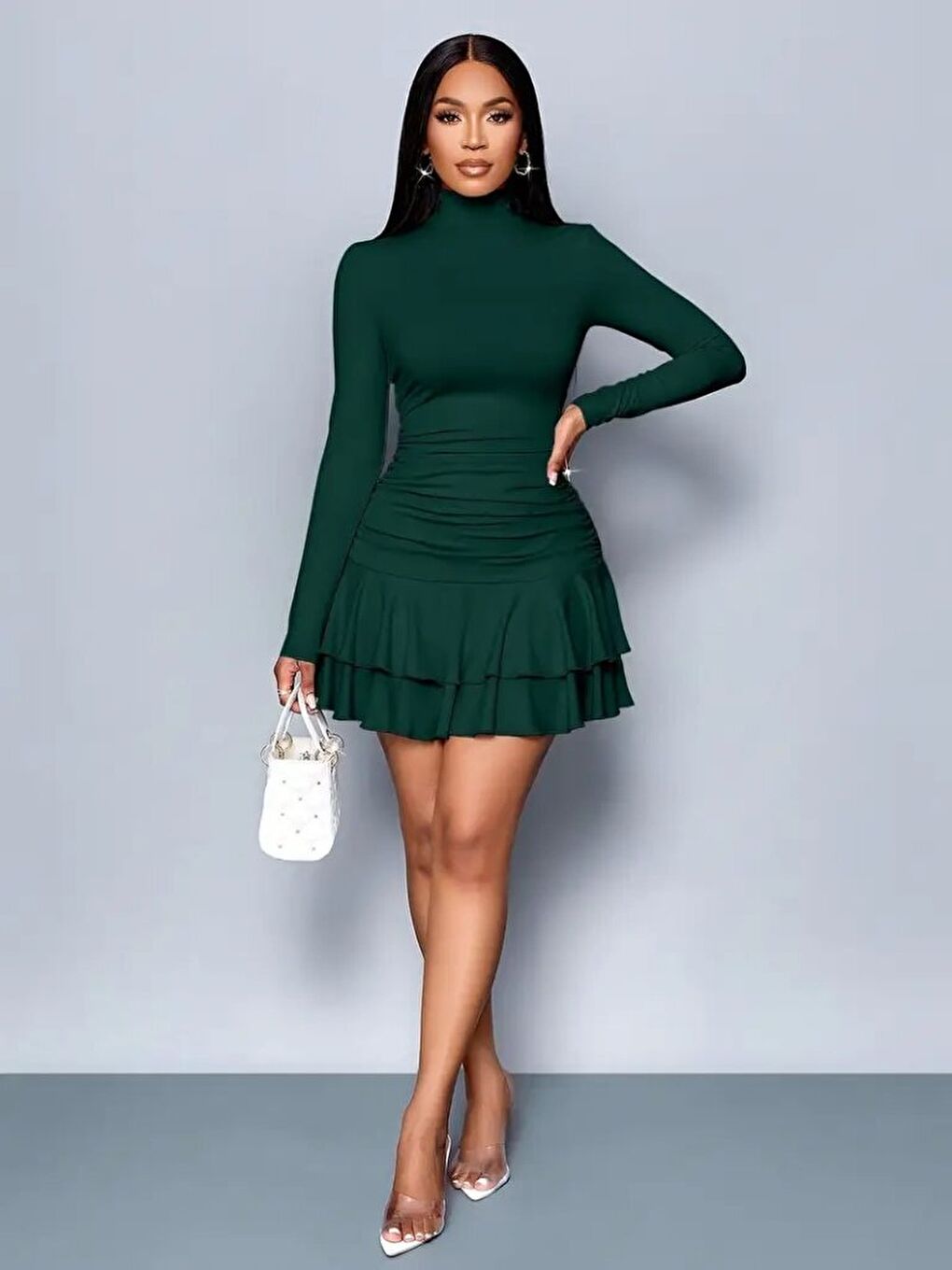 Yeşil Kadın Uzun Kollu Balıkçı Yaka Mini Fırfırlı Sandy Elbise