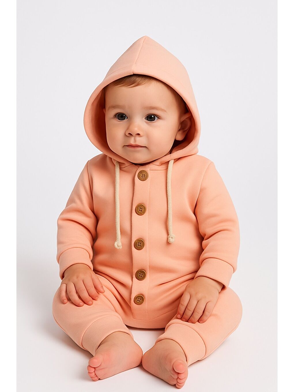 Turuncu Unisex Bebek Kapüşonlu Düğmeli Mevsimlik Tulum-1
