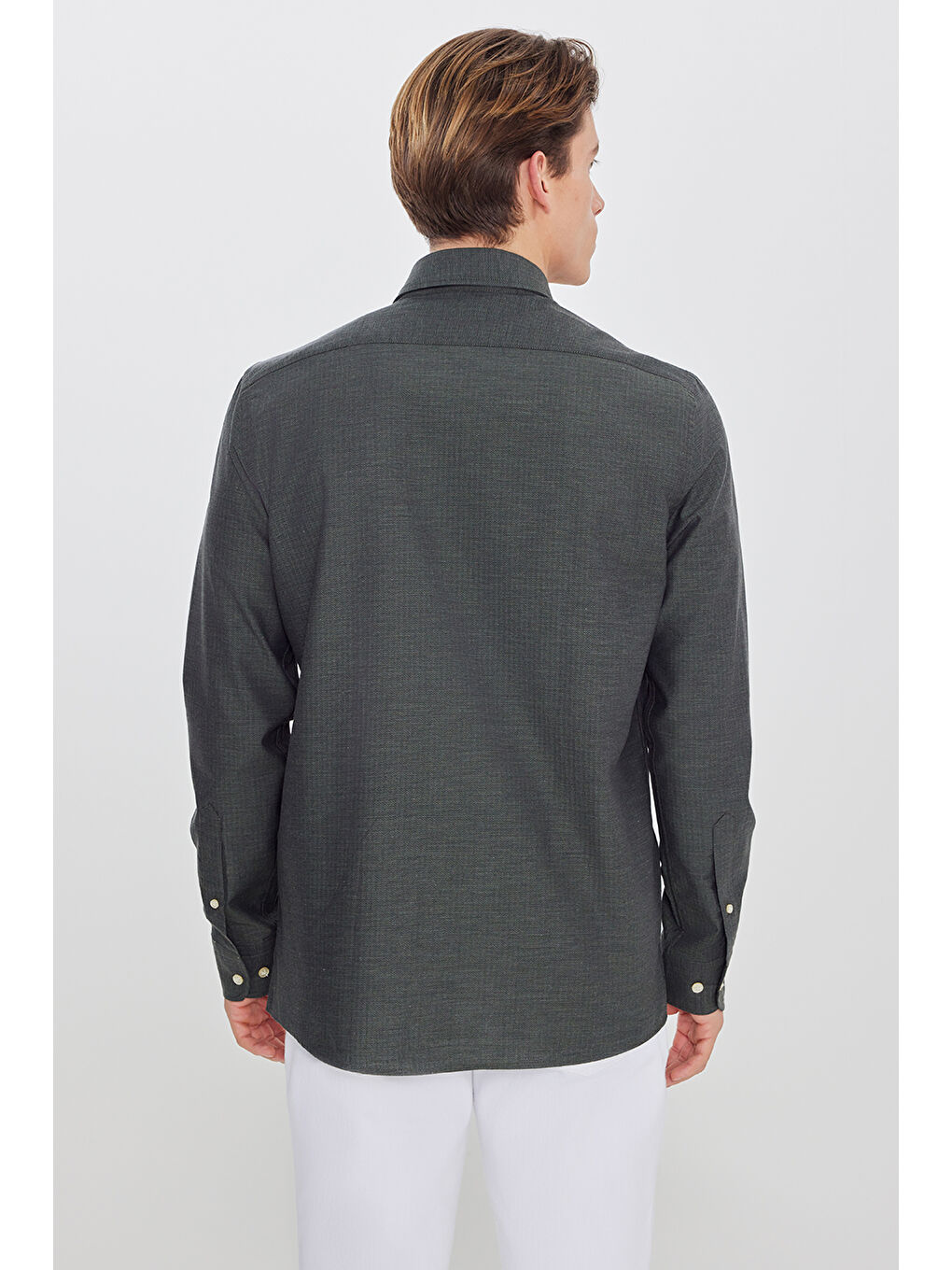 Erkek Haki %100 Pamuk Slim Fit Dar Kesim Gizli Düğme Yaka Balıksırtı Desenli Gömlek-4