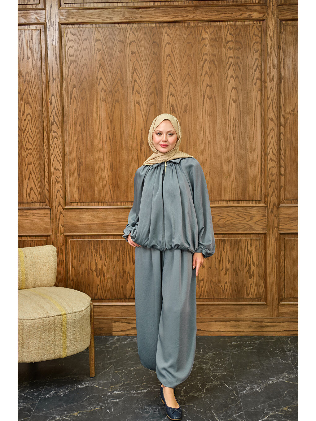 Kadın Gizli Fermuar Detay Takım Gri-3