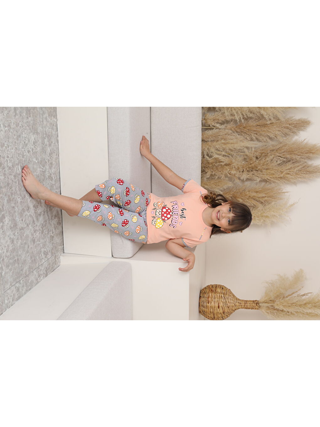 Pembe Kız Çocuk %100 Doğal Pamuk Kısa Kollu Kaprili Pijama Takımı-5