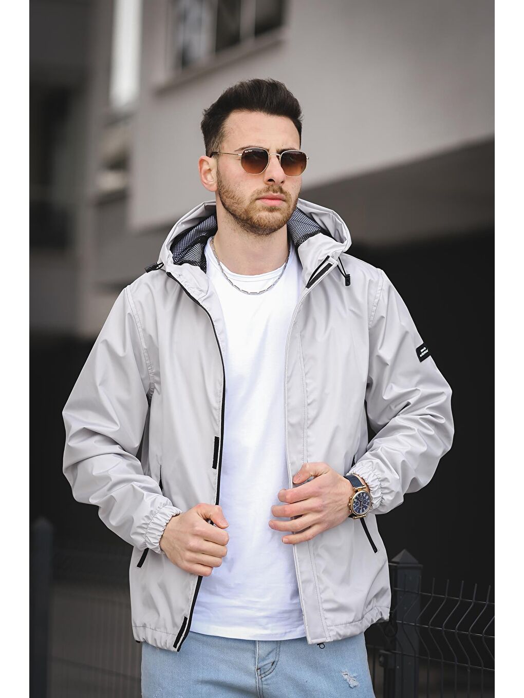 Gri Hilti Ken Slim Fit Kapüşonlu Mevsimlik Mont-1