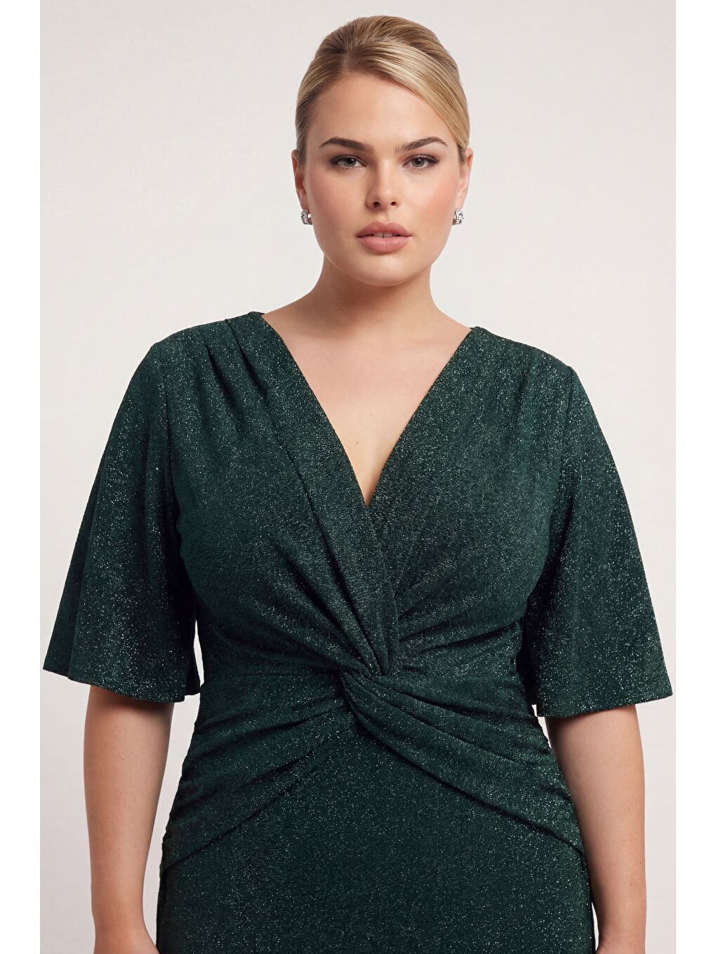 Kadın Zümrüt Yeşili V Yaka Kısa Kol Büyük Beden Uzun Abiye Elbise-2