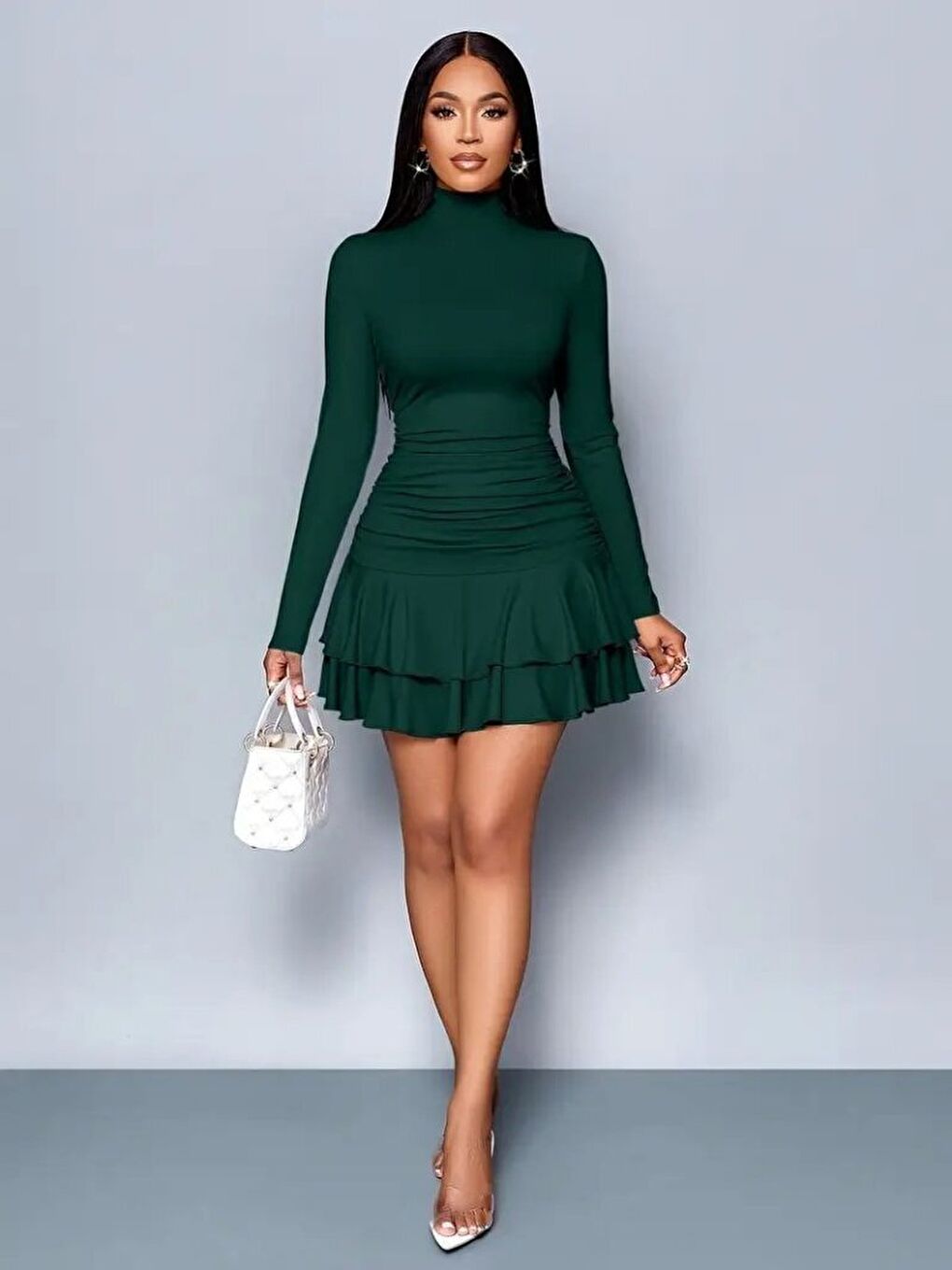 Yeşil Kadın Uzun Kollu Balıkçı Yaka Mini Fırfırlı Sandy Elbise-2