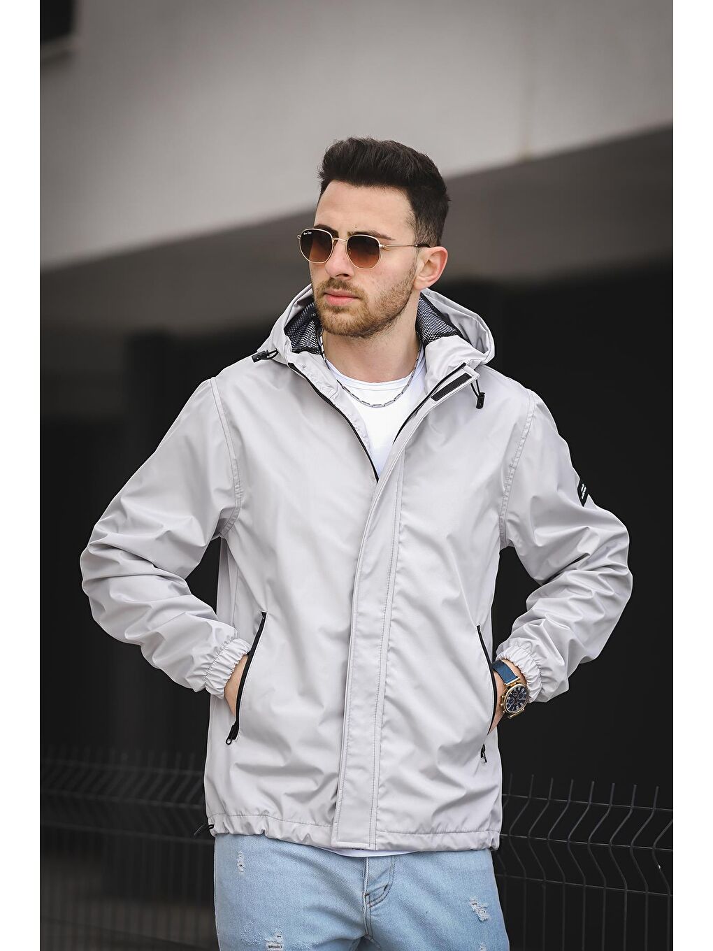 Gri Hilti Ken Slim Fit Kapüşonlu Mevsimlik Mont-2