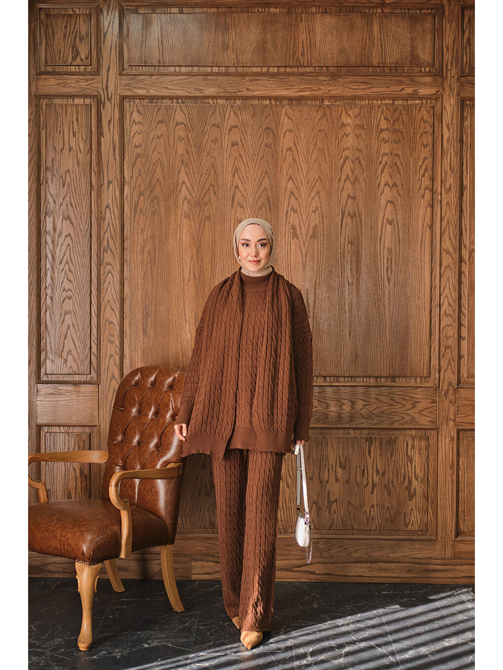 Kadın Atkı Detaylı Örgü Takım Kahverengi-1