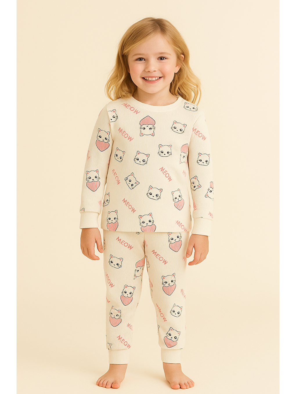 Karışık Kız Çocuk Kalpli Kedi Desenli Pijama Takımı-1