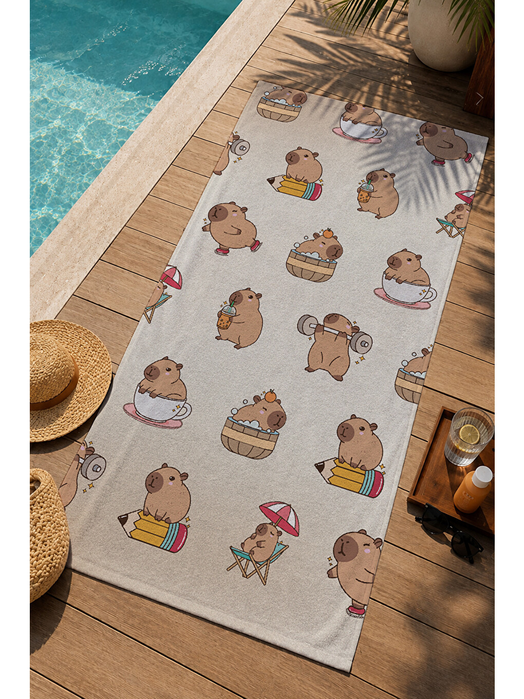 Bej Zemin Sevimli Tatlı Ve İçecek Karakterleri 70x150 Cm Dijital Baskılı Plaj Ve Banyo Havlusu-2