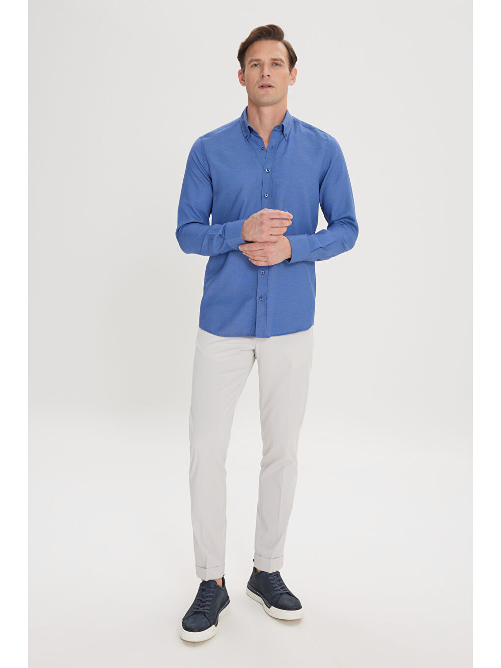 Erkek Mavi Slim Fit Dar Kesim %100 Pamuk Düğmeli Yaka Oxford Gömlek-2