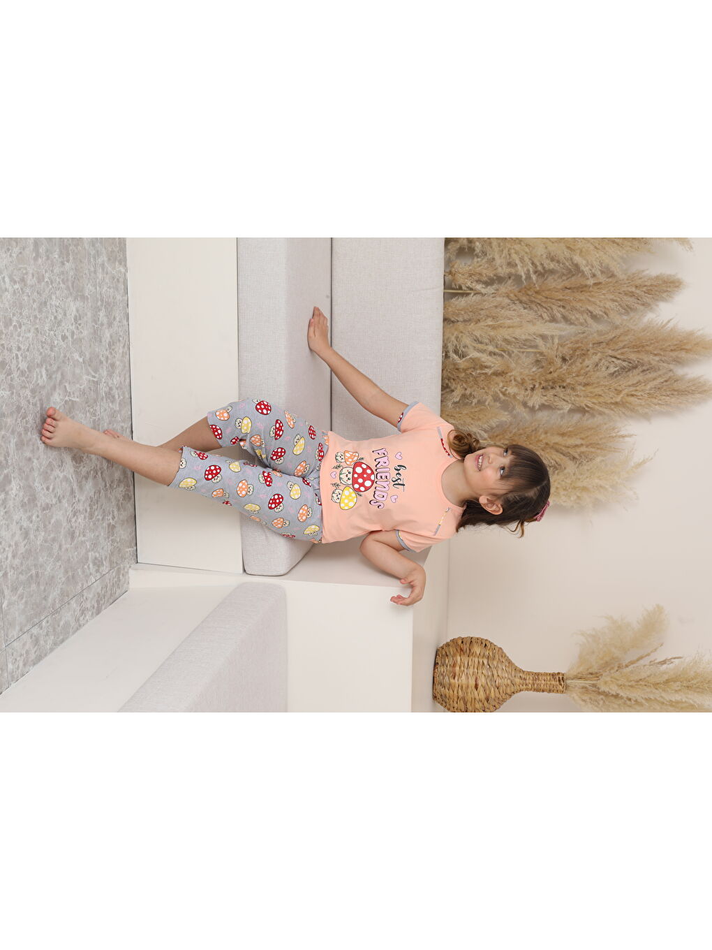 Pembe Kız Çocuk %100 Doğal Pamuk Kısa Kollu Kaprili Pijama Takımı-6