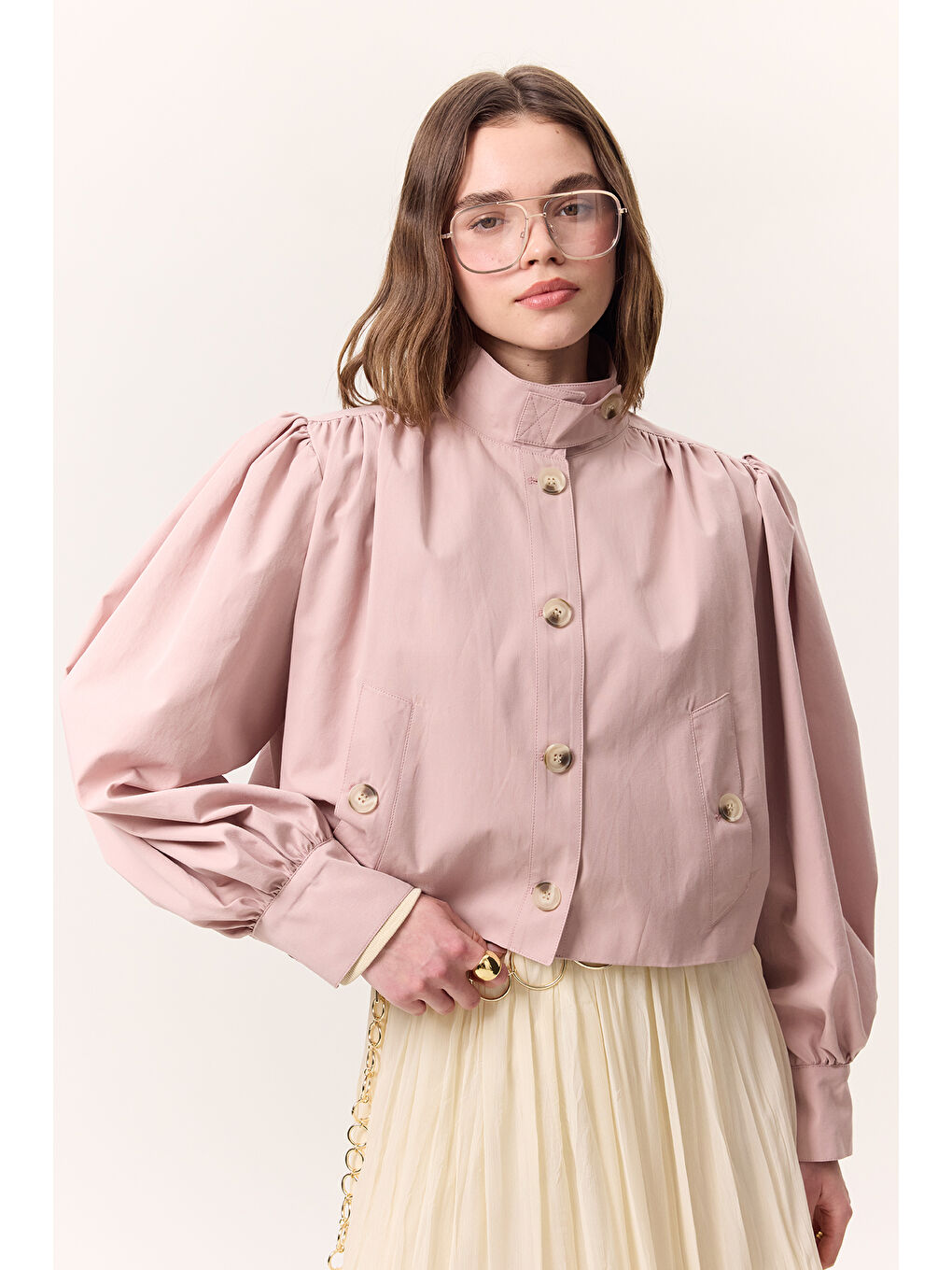 Pembe Kısa Balon Kol Ceket Pudra-3