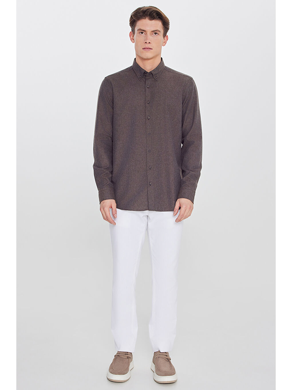 Erkek Kahverengi Pamuklu Slim Fit Dar Kesim Düğmeli Yaka Diagonal Desenli Flanel Gömlek-1