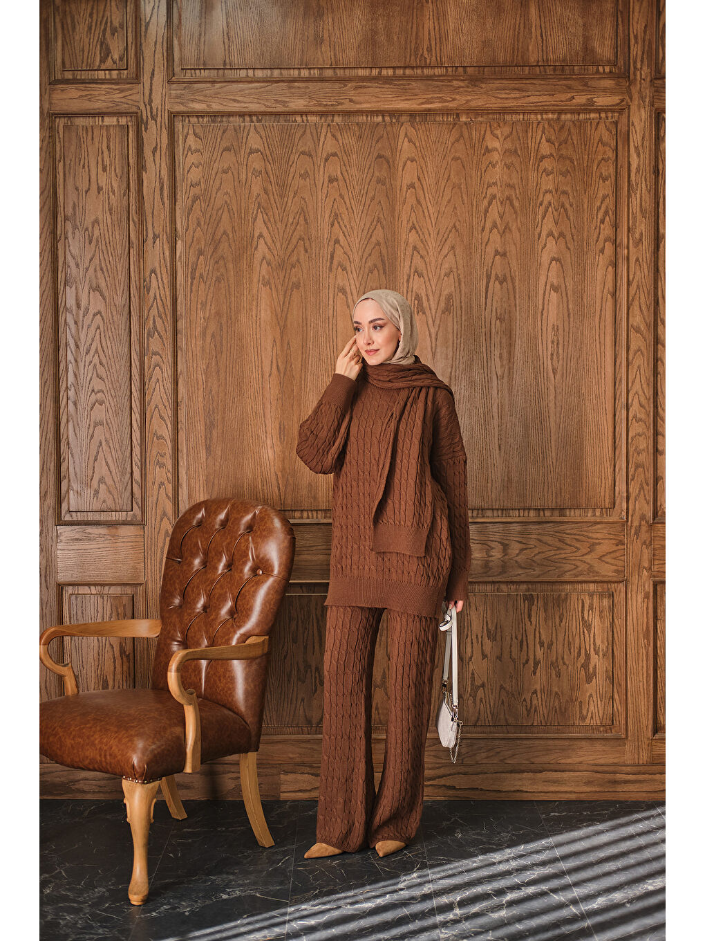 Kadın Atkı Detaylı Örgü Takım Kahverengi-2