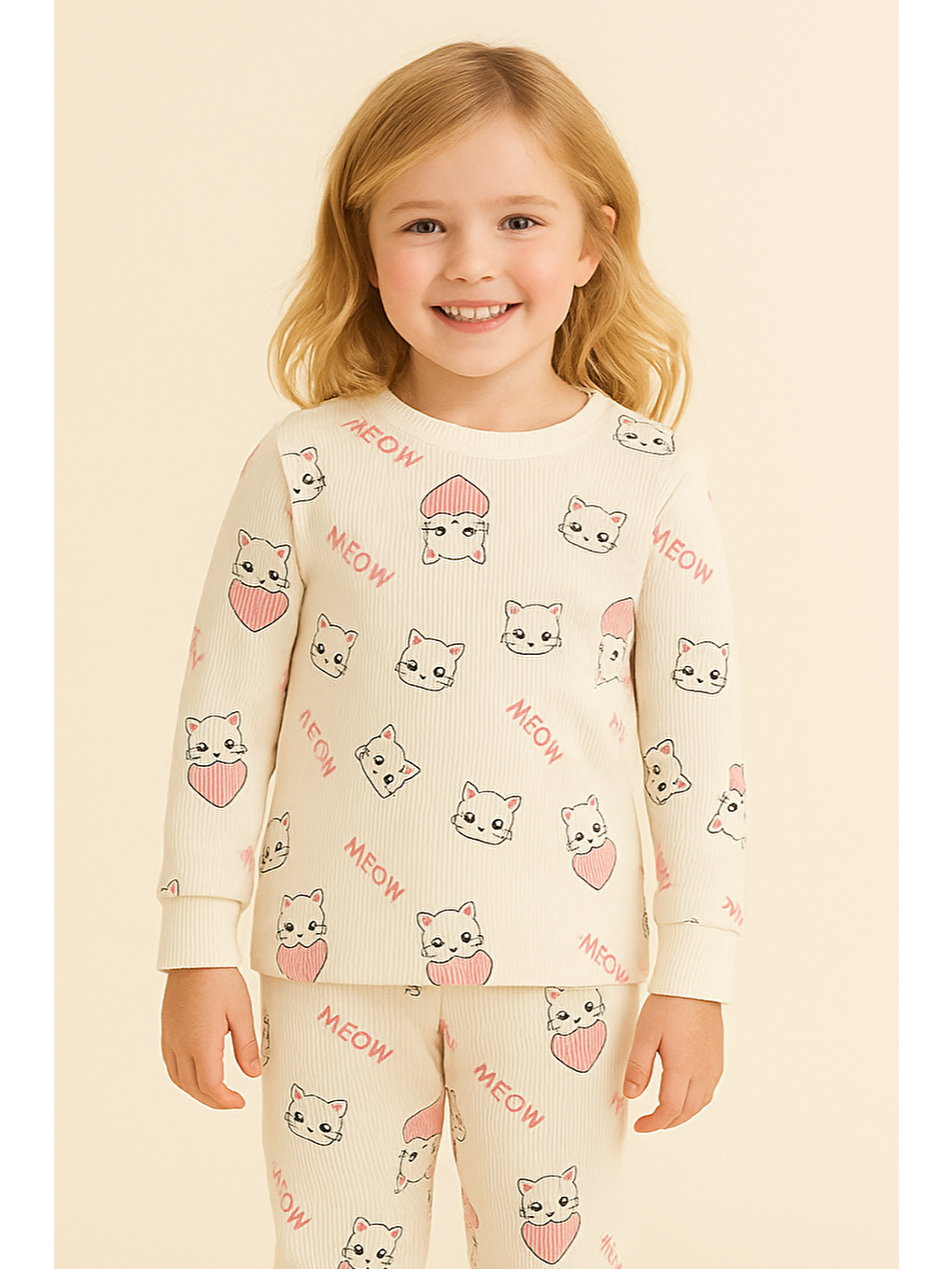 Karışık Kız Çocuk Kalpli Kedi Desenli Pijama Takımı-2