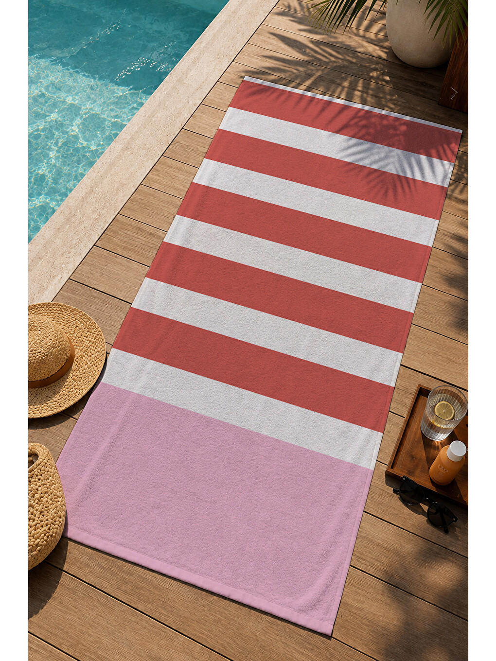 Milbay Grup Kırmızı Pembe Beyaz Yatay Çizgili 70x150 Cm Dijital Plaj Ve Banyo Havlusu-37331-2