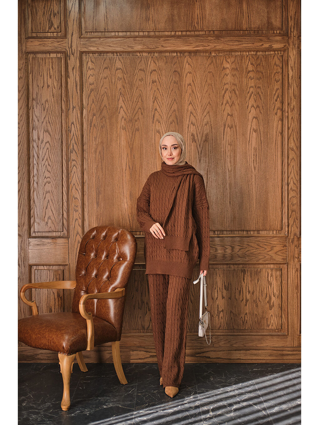 Kadın Atkı Detaylı Örgü Takım Kahverengi-3