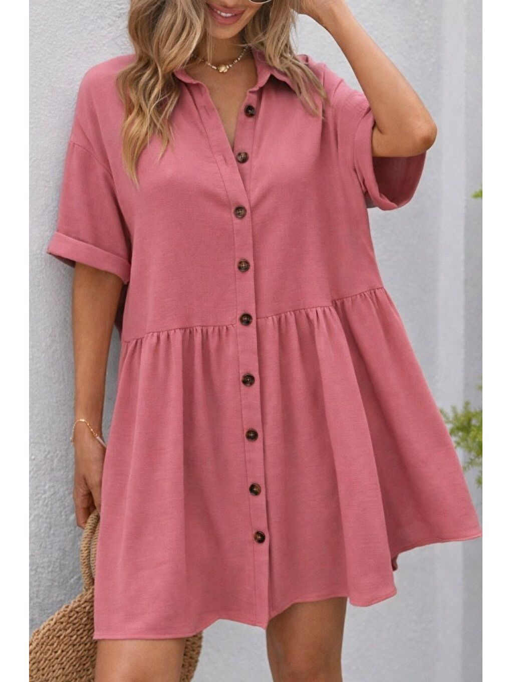 Pembe Kadın Kısa Kollu Yakalı önden Düğmeli Kısa Bürümcük Elbise-1