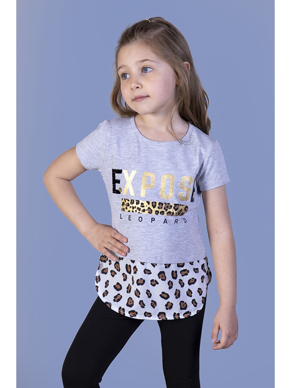 Gri Kız Çocuk Leopar Desenli Poplin Detaylı Tişört-1