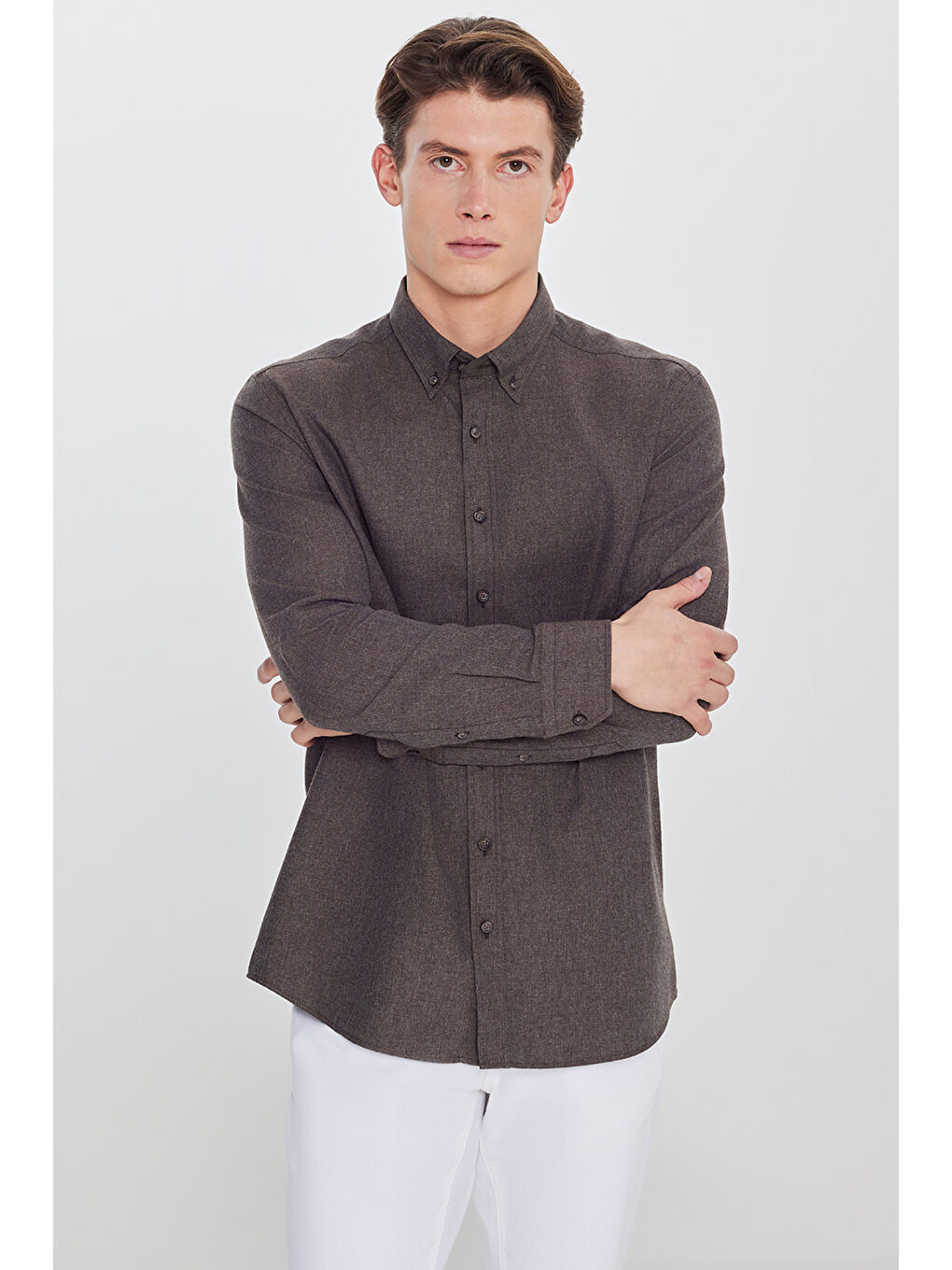 Erkek Kahverengi Pamuklu Slim Fit Dar Kesim Düğmeli Yaka Diagonal Desenli Flanel Gömlek-2
