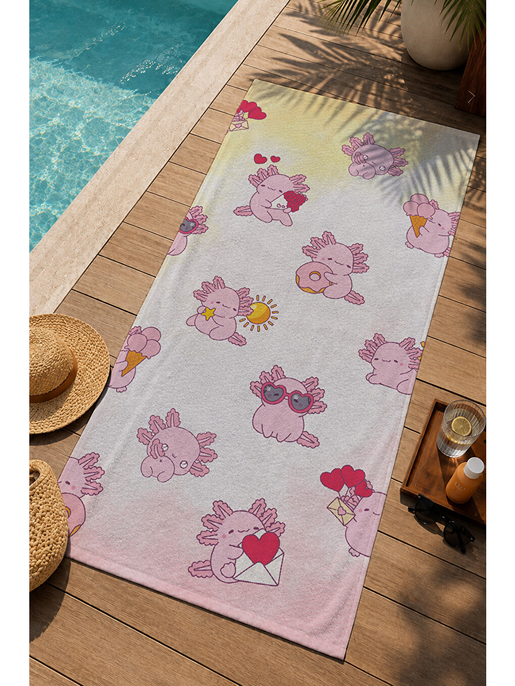 Pastel Pembe Sarı Sevimli Çiçek Karakterleri Desenli 70x150 Cm Dijital Baskılı Plaj Ve Banyo Havlusu-2