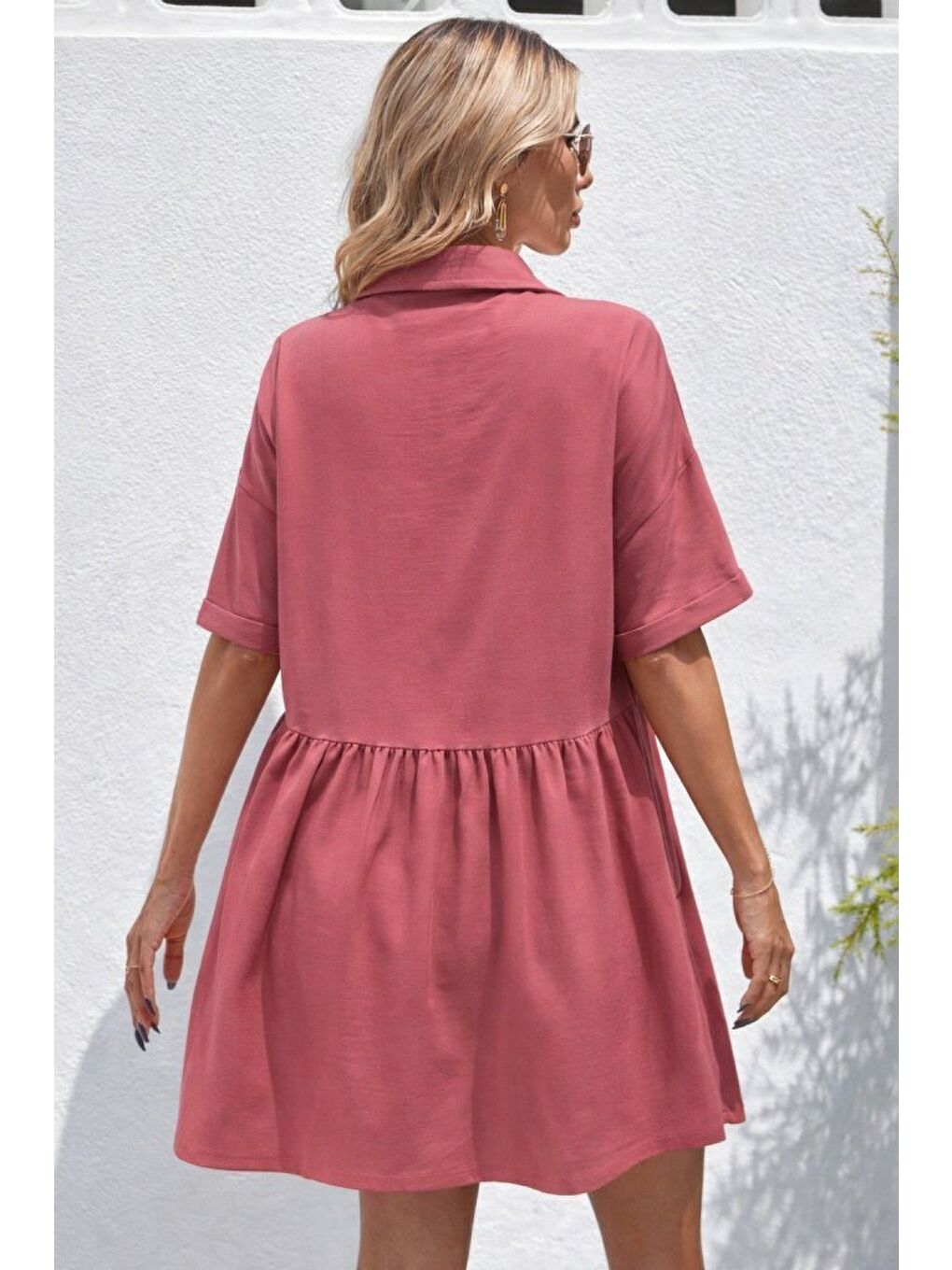 Pembe Kadın Kısa Kollu Yakalı önden Düğmeli Kısa Bürümcük Elbise-2