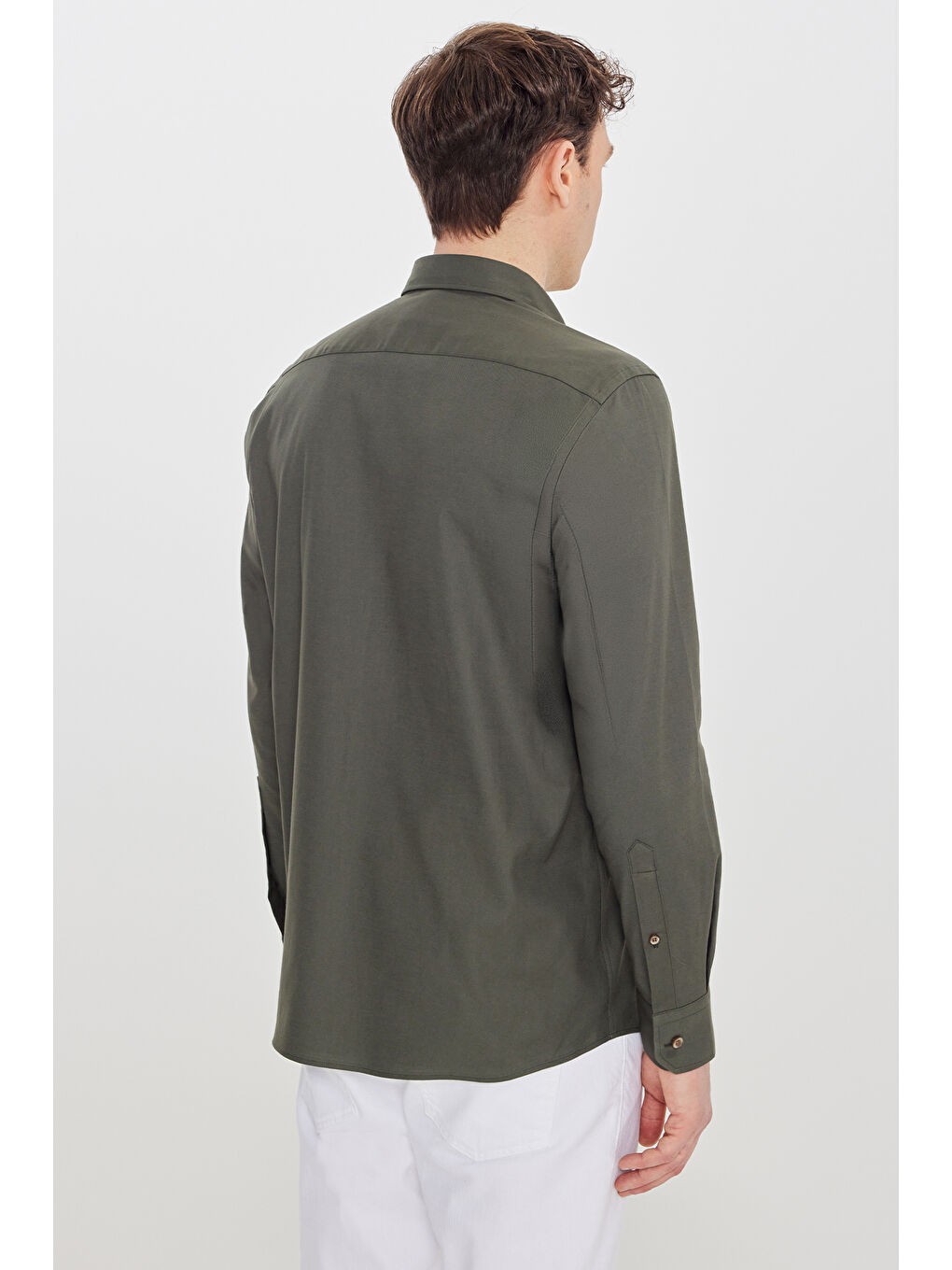 Erkek Haki Pamuklu Slim Fit Dar Kesim Düğmeli Yaka Gömlek-4