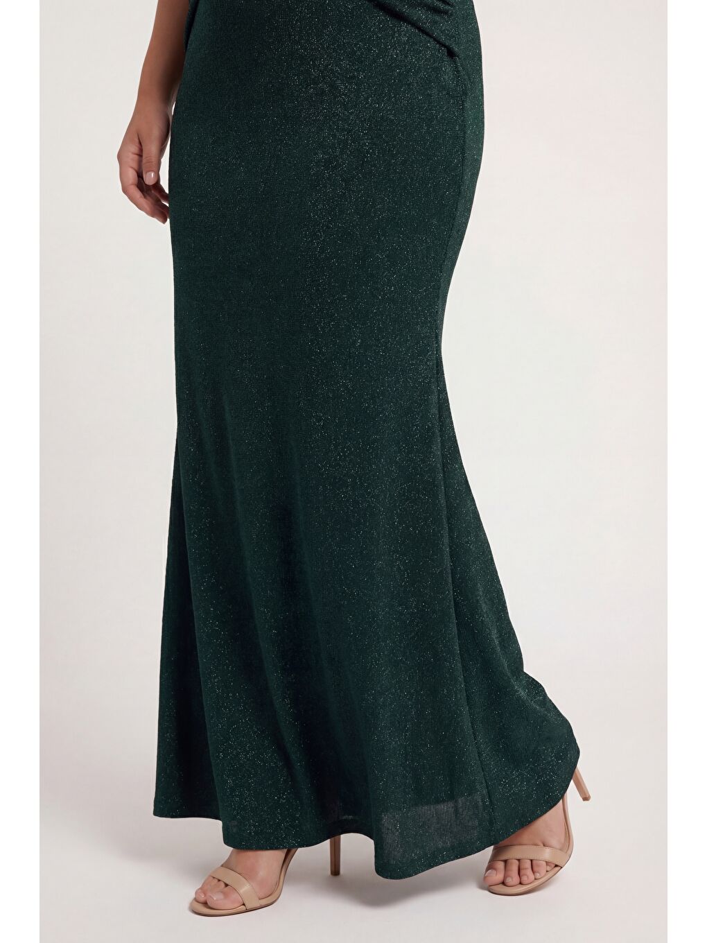 Kadın Zümrüt Yeşili V Yaka Kısa Kol Büyük Beden Uzun Abiye Elbise-3