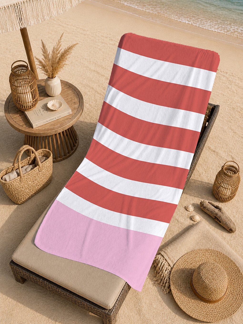 Milbay Grup Kırmızı Pembe Beyaz Yatay Çizgili 70x150 Cm Dijital Plaj Ve Banyo Havlusu-37331-4