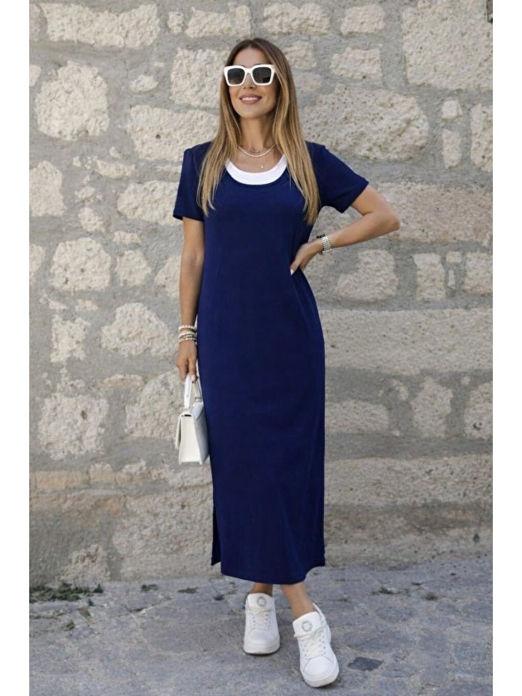 Lacivert Kadın Kısa Kollu Içi Atlet Görünümlü Yandan Yırtmaçlı Uzun Viskon Elbise-1