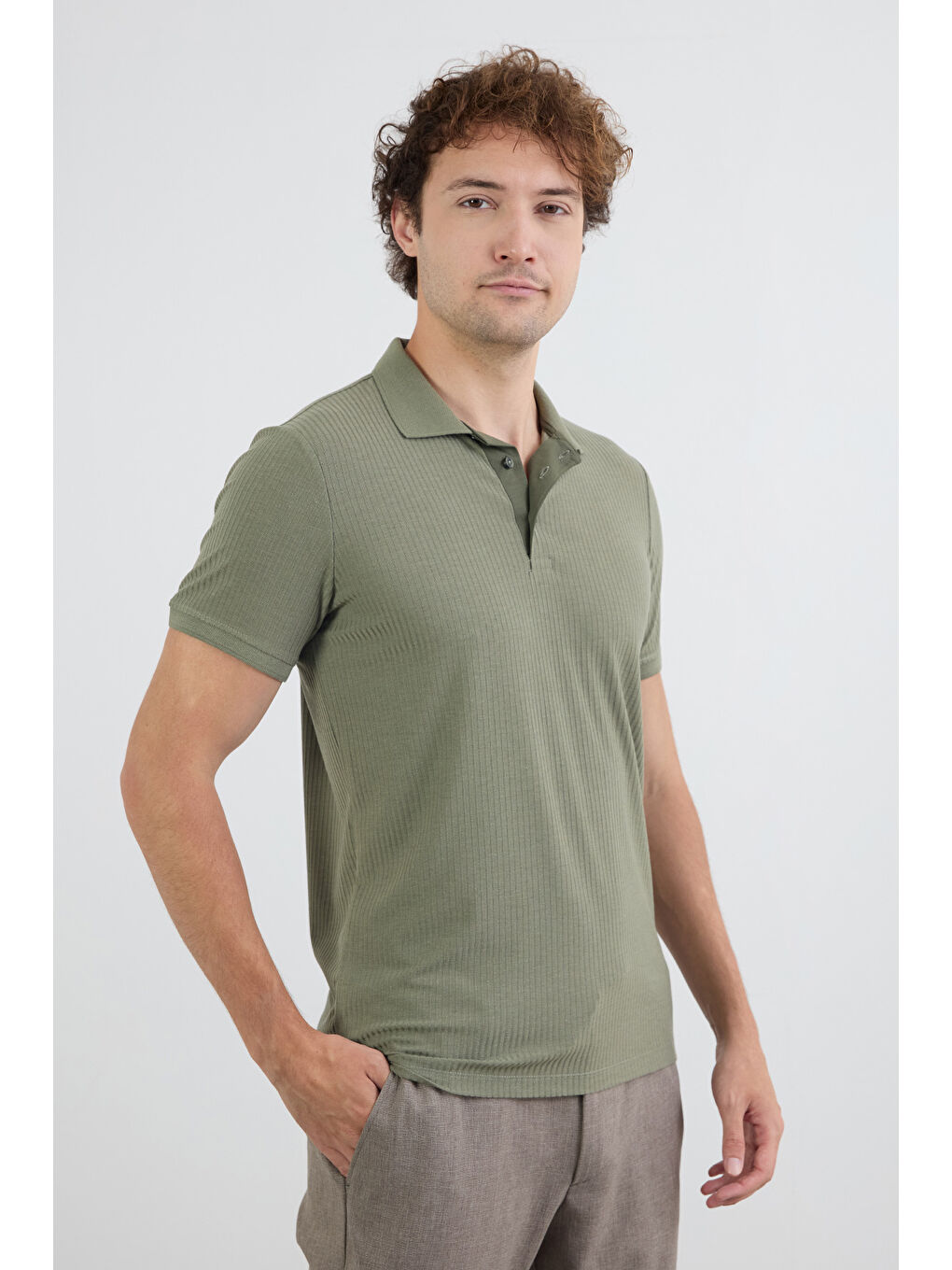 Haki Fitilli Düğmeli Polo Yaka Slim Fit Tişört