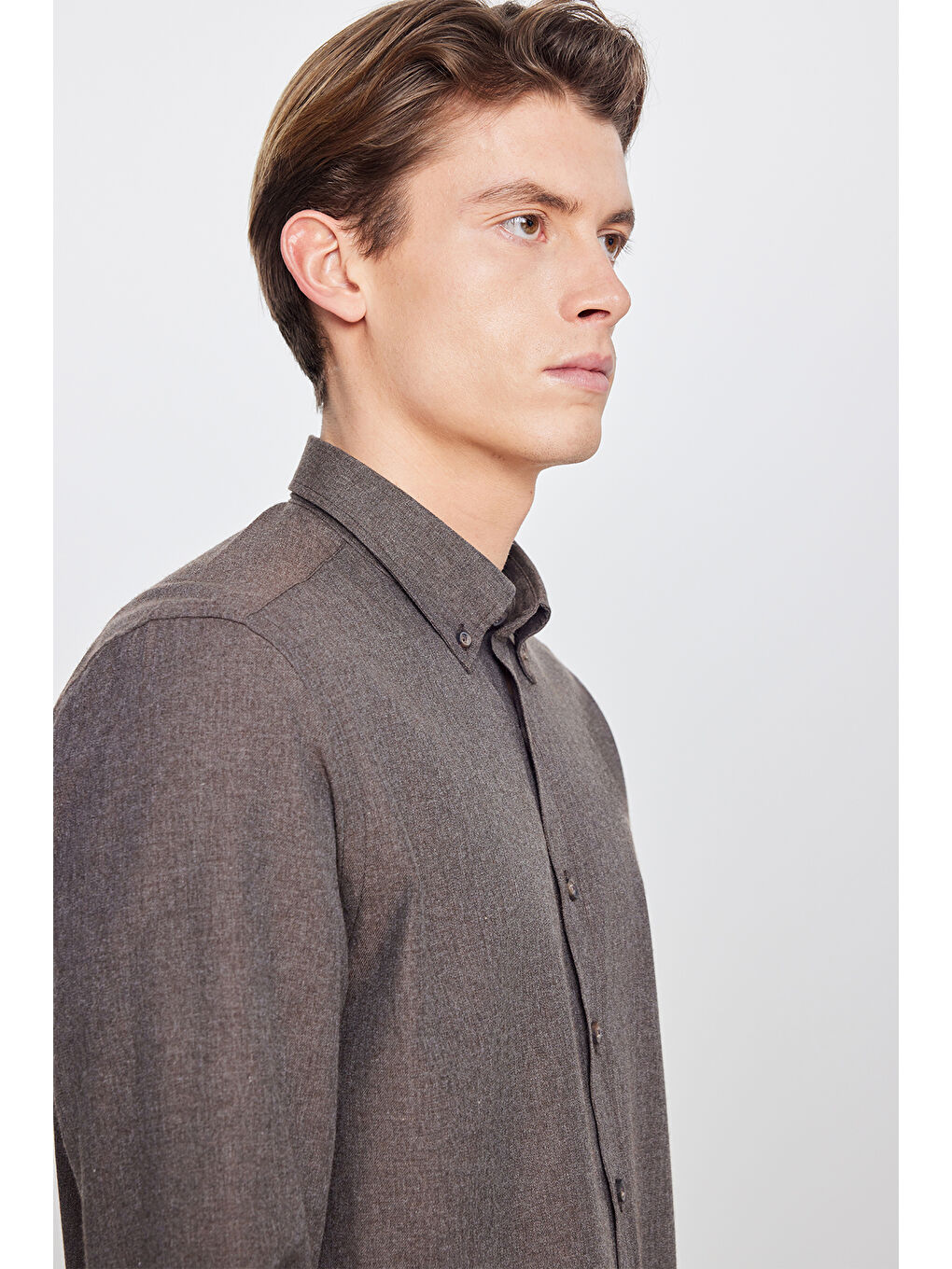 Erkek Kahverengi Pamuklu Slim Fit Dar Kesim Düğmeli Yaka Diagonal Desenli Flanel Gömlek-3