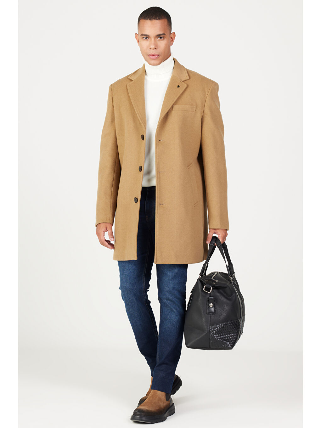 Kahverengi Erkek Camel Standart Fit Normal Kesim Mono Yaka Yünlü Palto