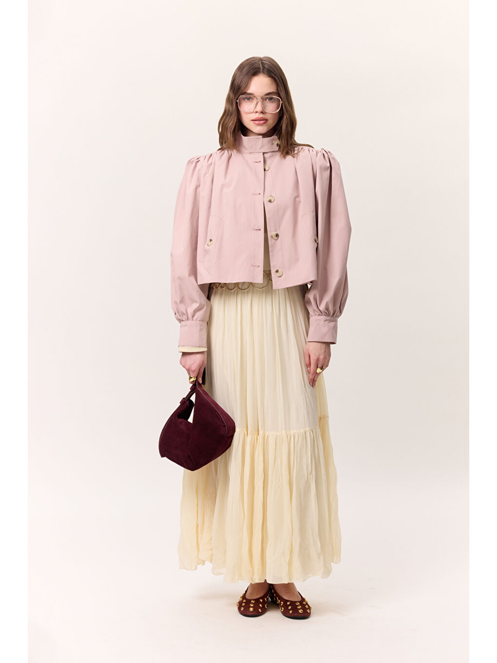 Pembe Kısa Balon Kol Ceket Pudra-5