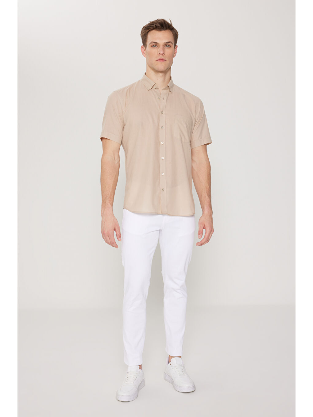 Erkek Koyu Bej Comfort Fit Gizli Düğmeli Yaka %100 Pamuk Gömlek-1