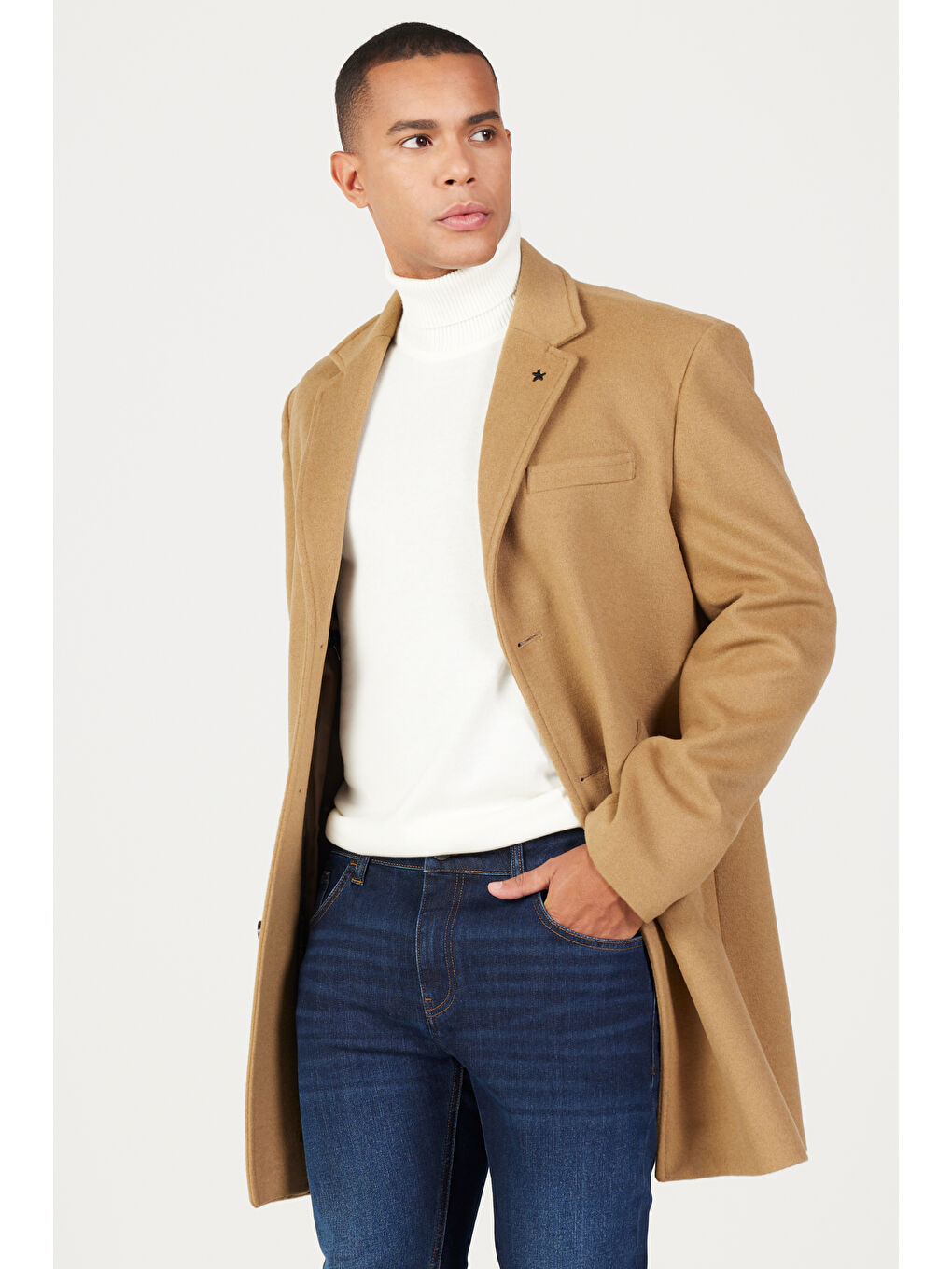 Kahverengi Erkek Camel Standart Fit Normal Kesim Mono Yaka Yünlü Palto-1