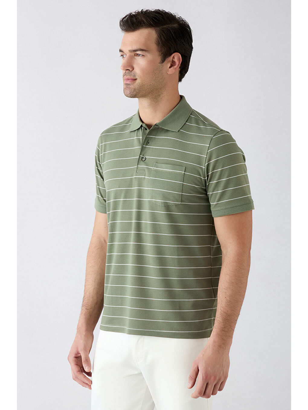 Yeşil Regular Fit Çizgili Cepli Düğmeli Polo Yaka Tişört-1
