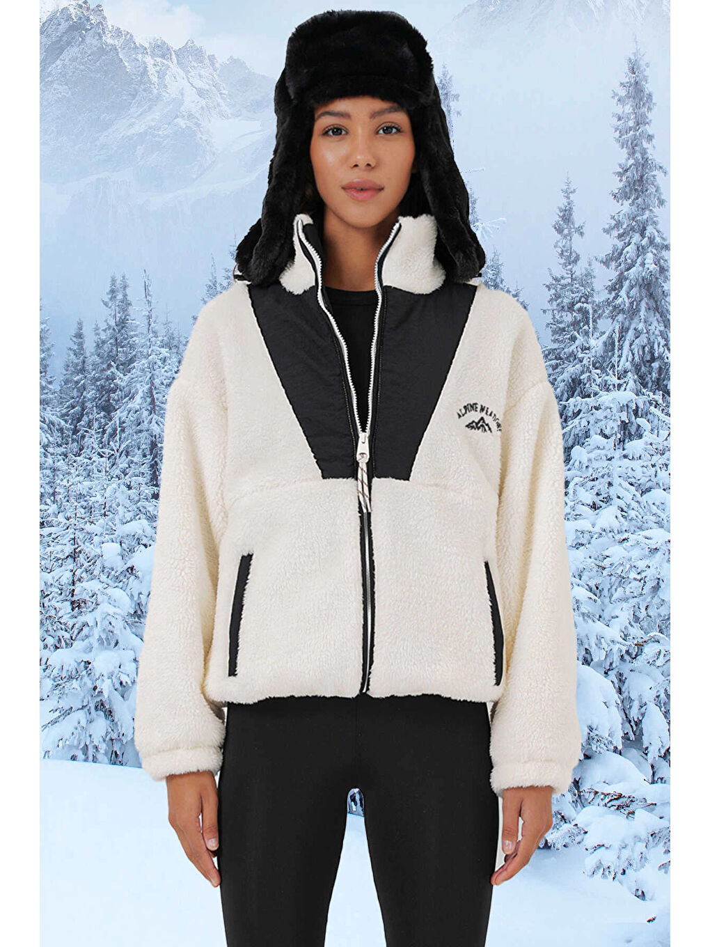 Kadın Ekru Siyah Baskılı Fermuarlı Suni Yünlü Astarlı Pelüş Ceket HZL25W BD151941-1