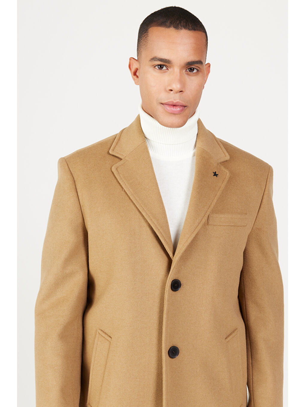 Kahverengi Erkek Camel Standart Fit Normal Kesim Mono Yaka Yünlü Palto-2
