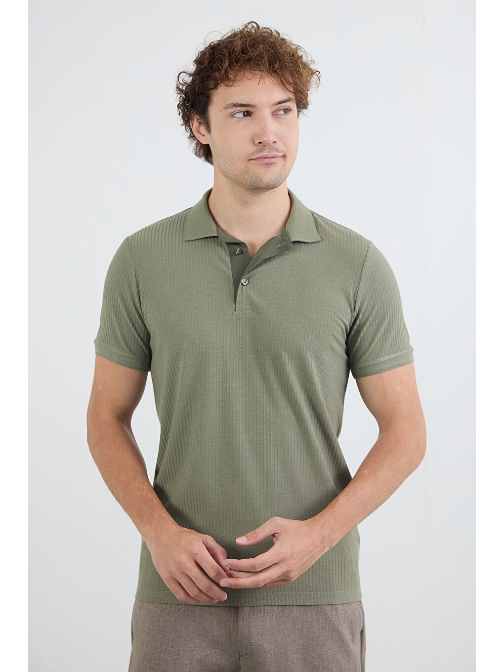 Haki Fitilli Düğmeli Polo Yaka Slim Fit Tişört-1