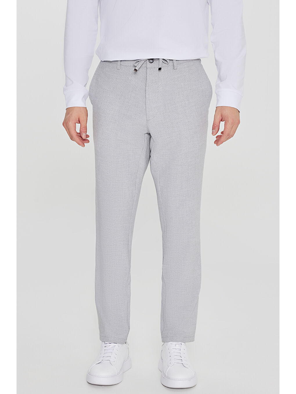 Erkek Gri Slim Fit Beli Bağlamalı Yan Cep Armürlü Casual Pantolon-1