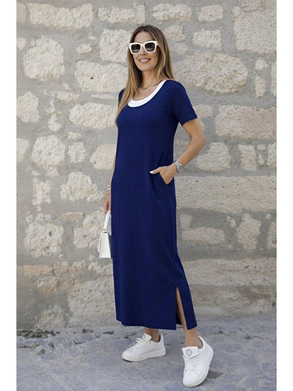 Lacivert Kadın Kısa Kollu Içi Atlet Görünümlü Yandan Yırtmaçlı Uzun Viskon Elbise-2