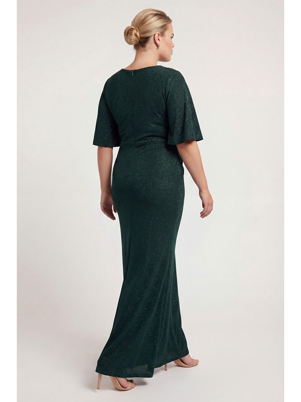 Kadın Zümrüt Yeşili V Yaka Kısa Kol Büyük Beden Uzun Abiye Elbise-4