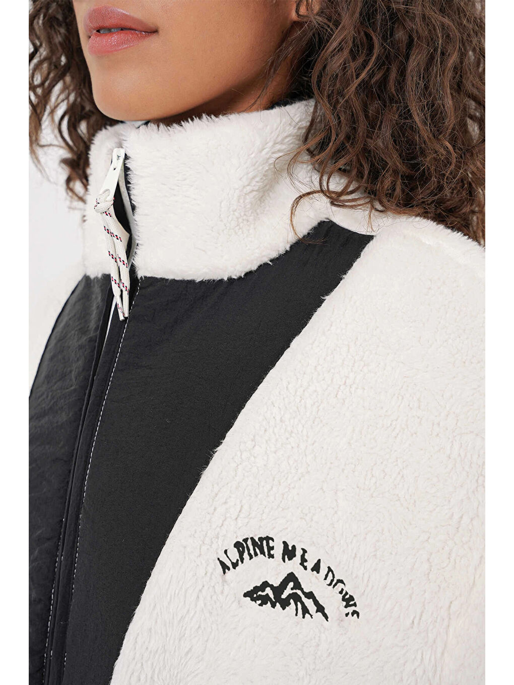 Kadın Ekru Siyah Baskılı Fermuarlı Suni Yünlü Astarlı Pelüş Ceket HZL25W BD151941-4