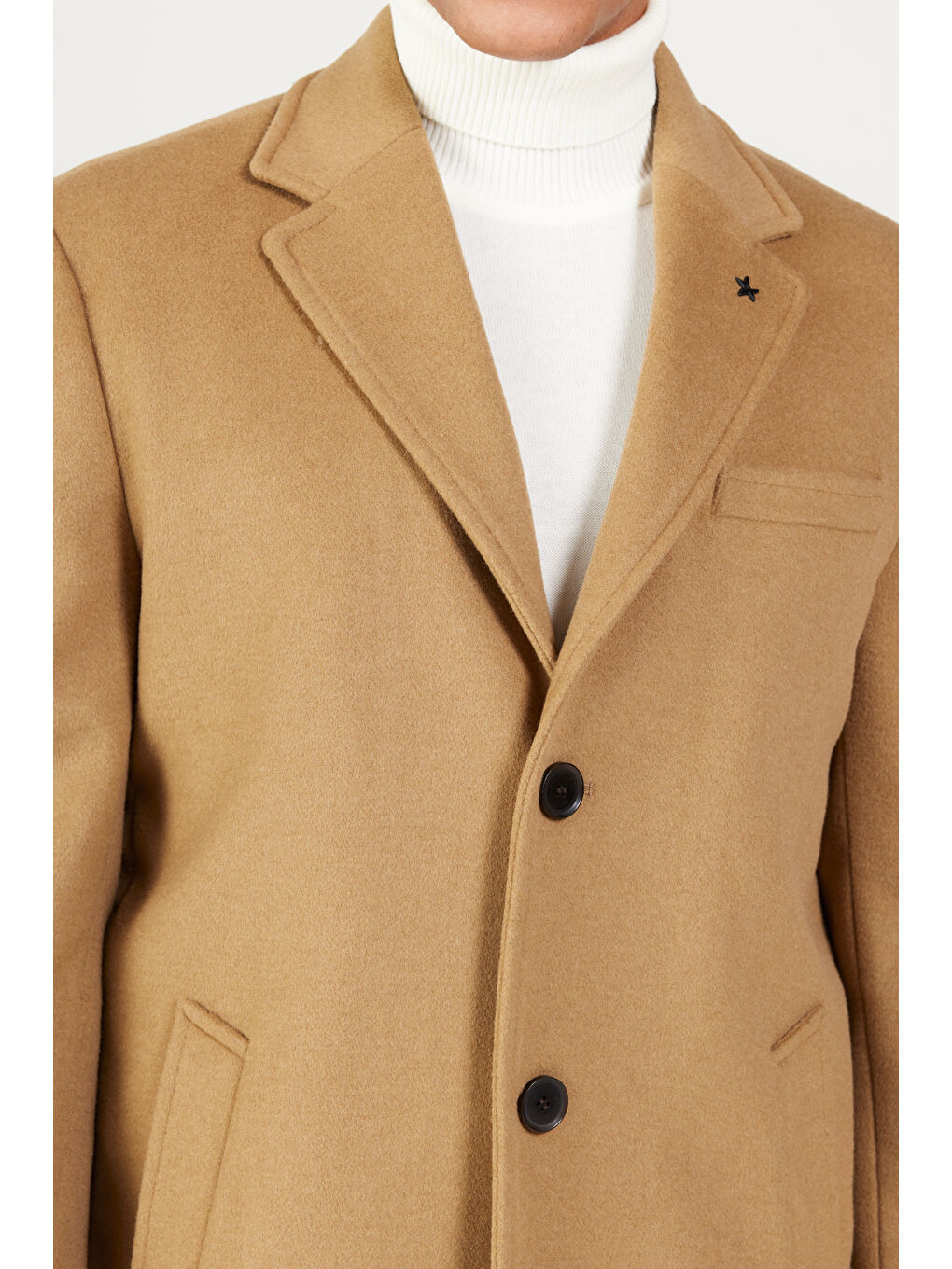 Kahverengi Erkek Camel Standart Fit Normal Kesim Mono Yaka Yünlü Palto-3