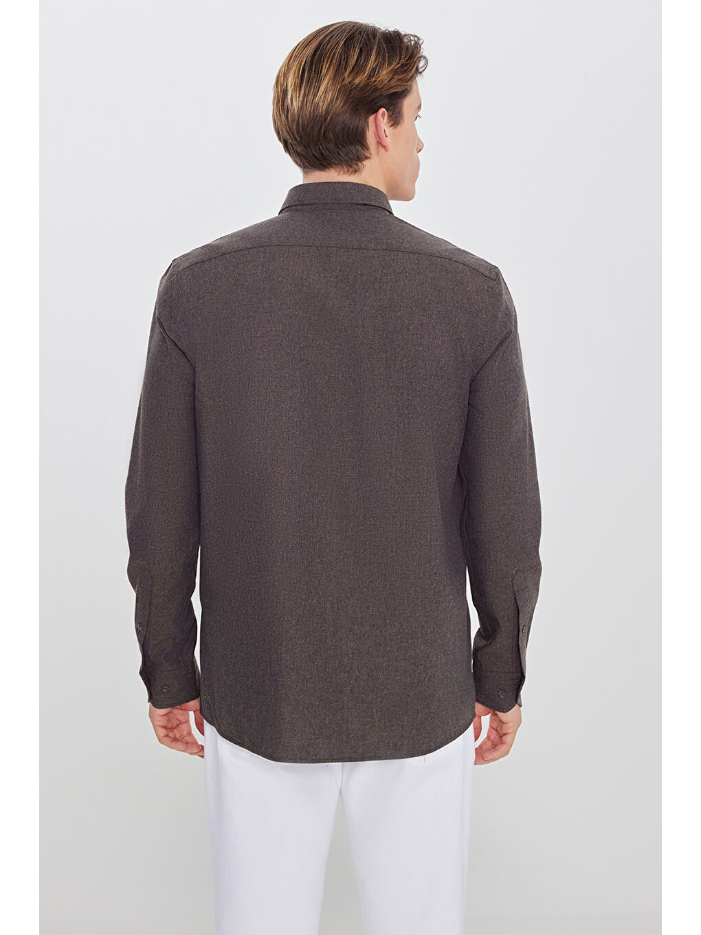 Erkek Kahverengi Pamuklu Slim Fit Dar Kesim Düğmeli Yaka Diagonal Desenli Flanel Gömlek-4