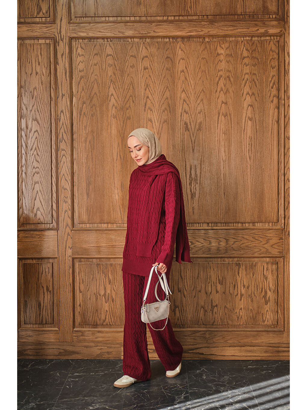 Kadın Atkı Detaylı Örgü Takım Bordo-1