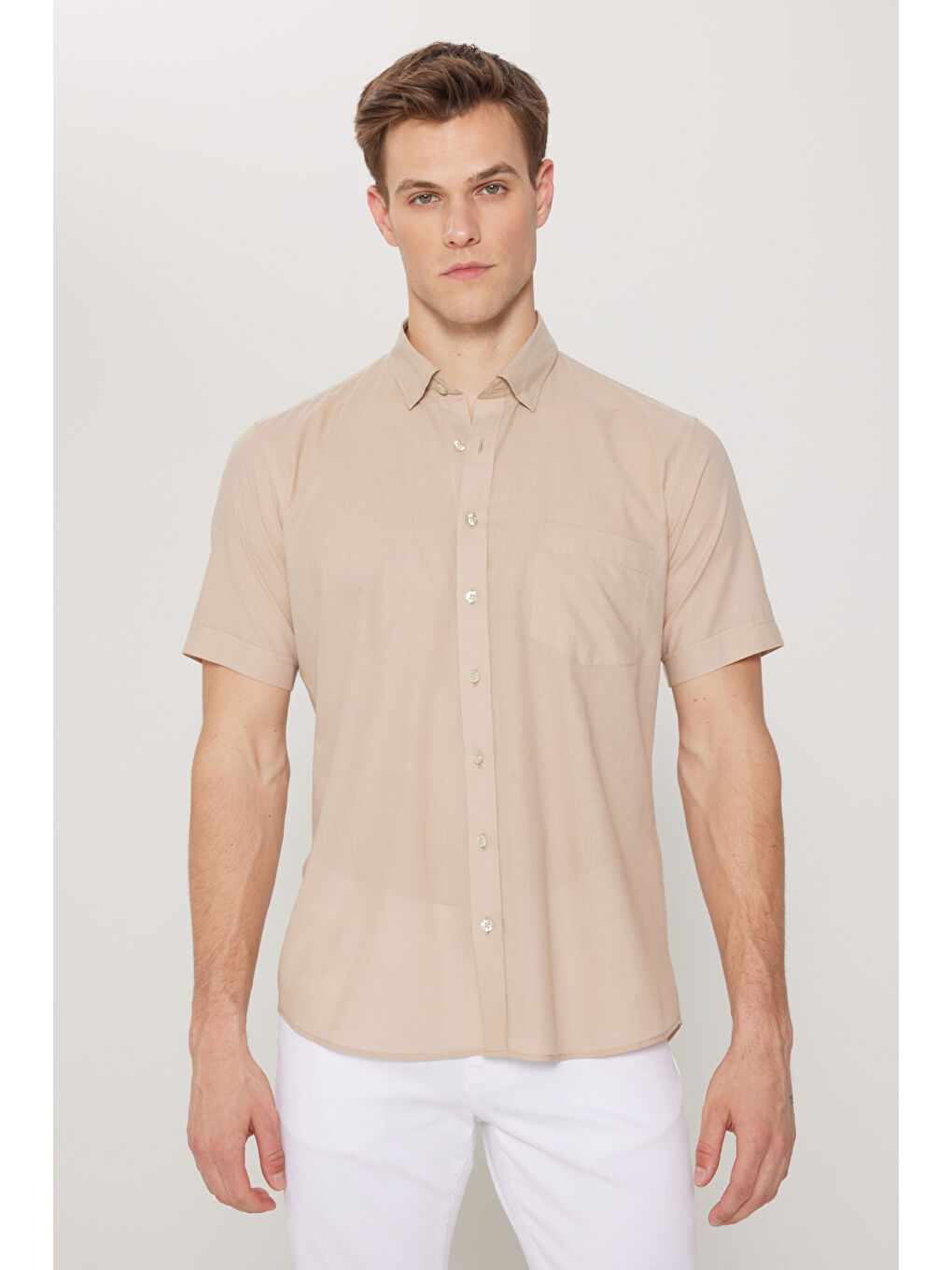 Erkek Koyu Bej Comfort Fit Gizli Düğmeli Yaka %100 Pamuk Gömlek-2