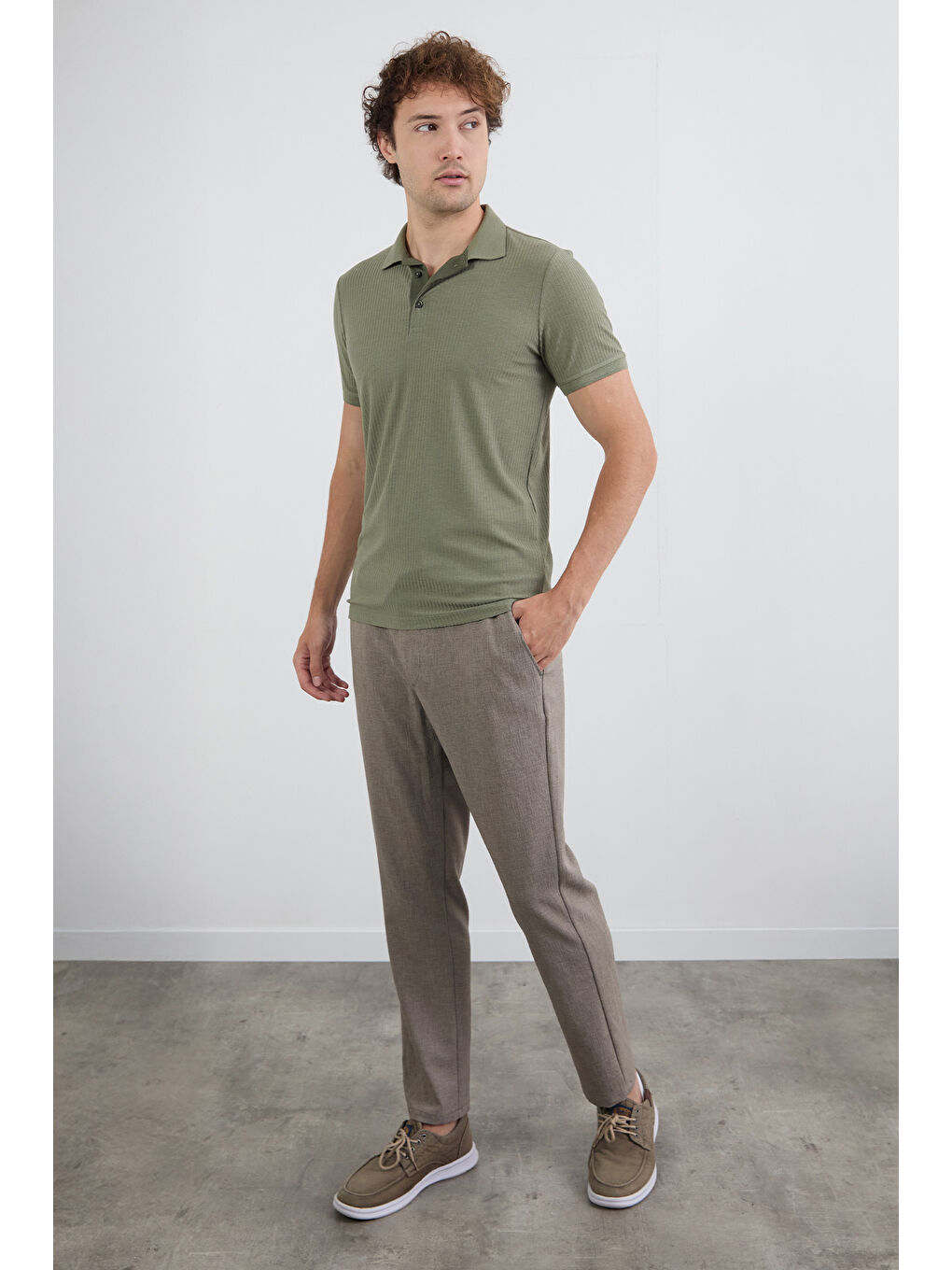 Haki Fitilli Düğmeli Polo Yaka Slim Fit Tişört-2